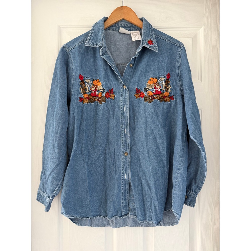 VTG 90s Womens Denim Button Down Pumpkin Harvest Embroidered Top Cottagecore